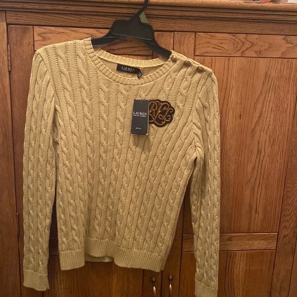Lauren Ralph Lauren Metallic Gold Cable-Knit 3-Button Sweater, Size PL NWT - Picture 7 of 12